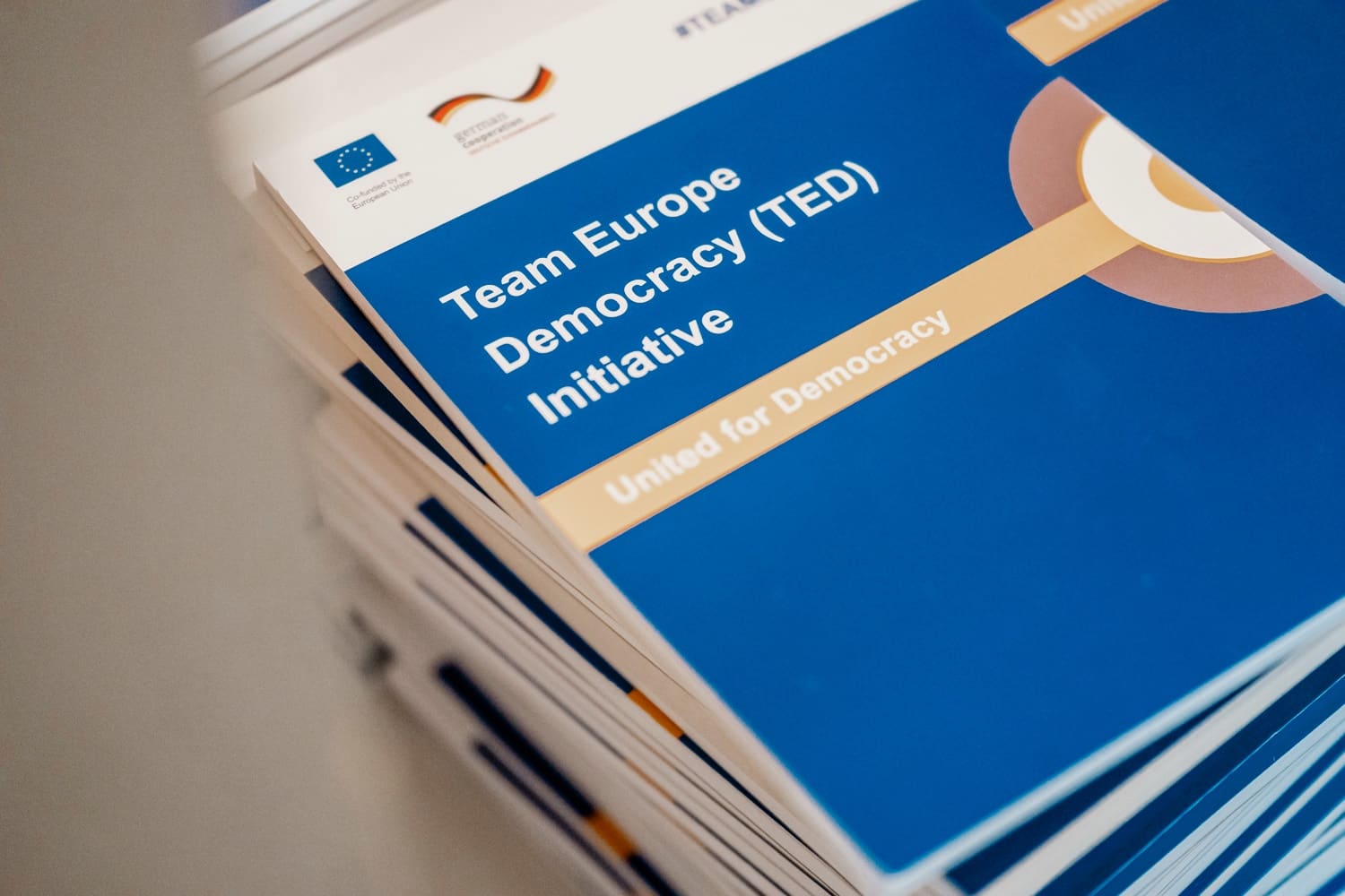 Stack of blue brochures from an international initiative.