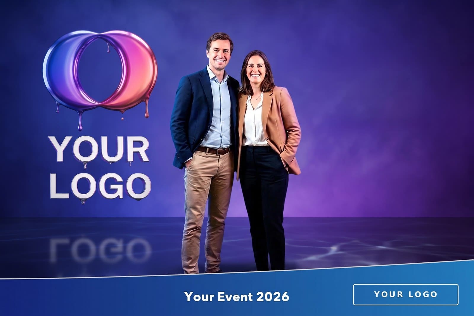 Le même portrait, dans une salle violette, à côté d’un logo d’exemple en chrome liquide.