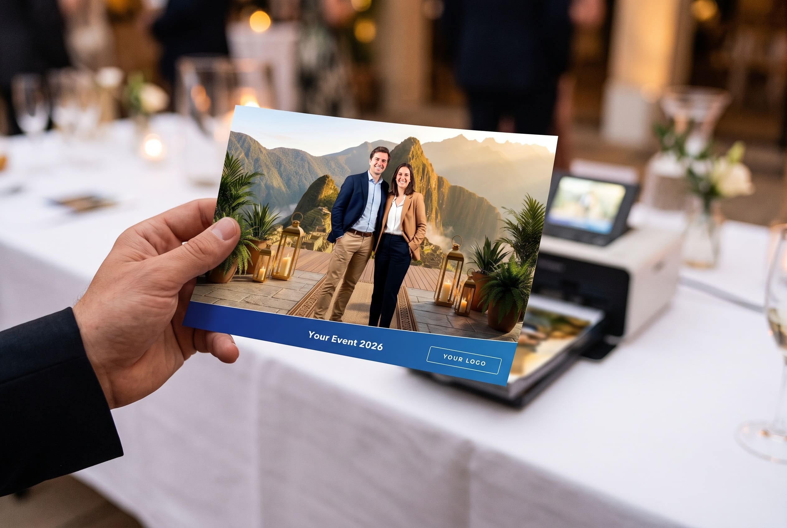 Une main tient un tirage tout juste sorti de l’imprimante photo, décor Machu Picchu, sur une table de réception.